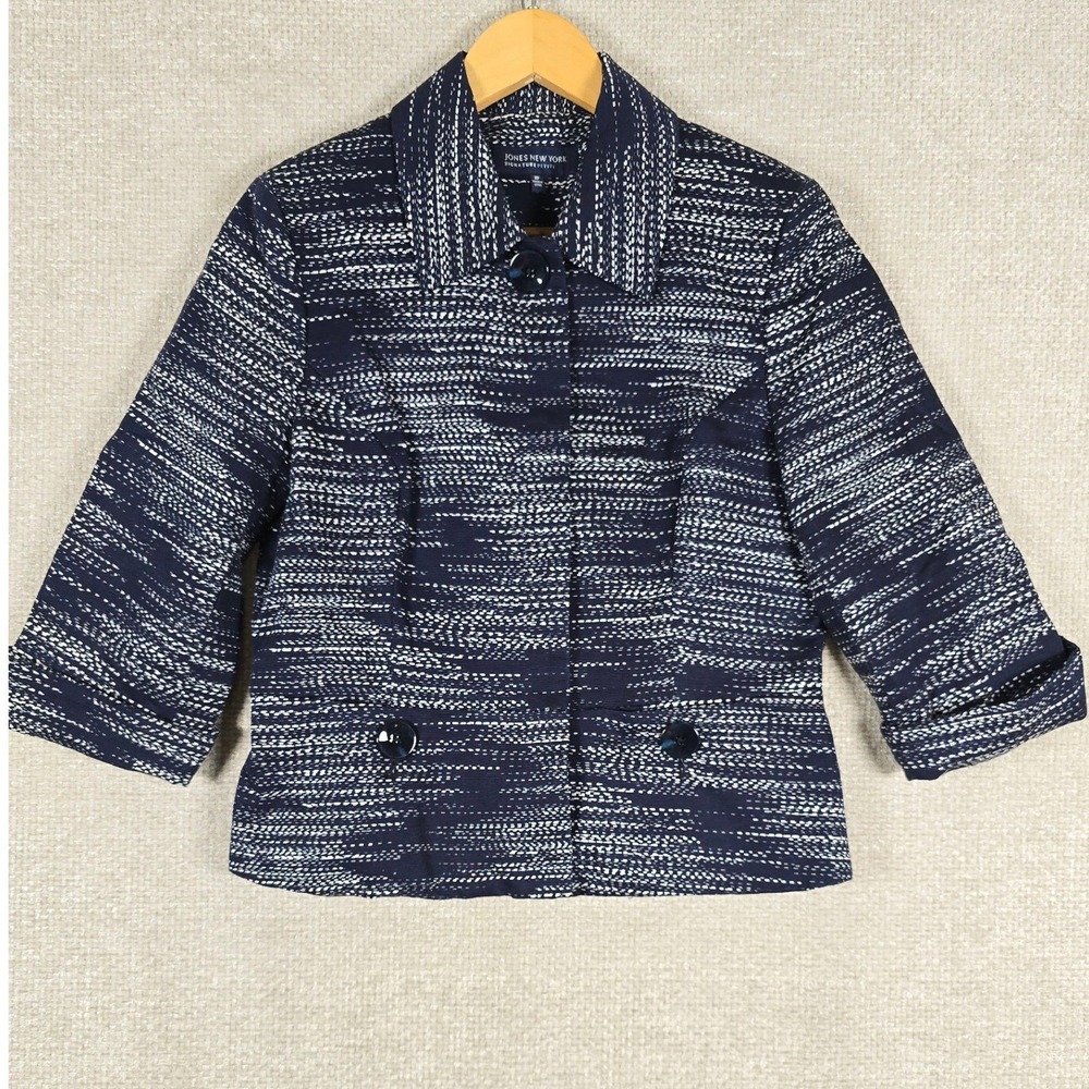 Jones New York Signature Petite Navy White Textured Cotton Jacket 8P Snap Front